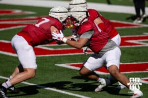 Nebraska Cornhuskers tight ends Ian Flynt and Cayden Echternach during practice Tuesday, April 8, 2025 in Lincoln, Nebraska. Photo by John S. Peterson.
