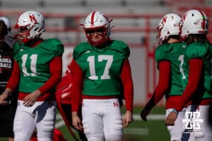 Nebraska Cornhusker quarterback Luke Longval (17) running drills during practice Tuesday, April 8, 2025 in Lincoln, Nebraska. Photo by John S. Peterson.