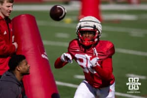 Nebraska Cornhusker Cortex Mills makes a catch during practice Tuesday, April 8, 2025 in Lincoln, Nebraska. Photo by John S. Peterson.Nebraska Cornhusker Cortex Mills makes a catch during practice Tuesday, April 8, 2025 in Lincoln, Nebraska. Photo by John S. Peterson.