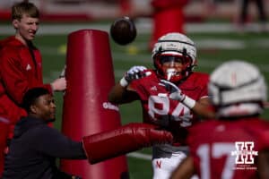 Nebraska Cornhusker Isaiah Mazee (84) running a passing drill during practice Tuesday, April 8, 2025 in Lincoln, Nebraska. Photo by John S. Peterson.