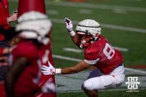 Nebraska Cornhusker Isaiah Mazee (84) running a passing drill during practice Tuesday, April 8, 2025 in Lincoln, Nebraska. Photo by John S. Peterson.