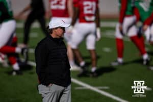 Nebraska Cornhusker offensive coordinator Dana Holgorsen watching practicd during practice Tuesday, April 8, 2025 in Lincoln, Nebraska. Photo by John S. Peterson.