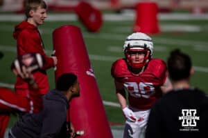 Nebraska Cornhusker Jackson Carpenter (88) working on passing drills during practice Tuesday, April 8, 2025 in Lincoln, Nebraska. Photo by John S. Peterson.
