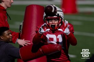 Nebraska Cornhusker Hayes Miller (81) makes a catch during practice Tuesday, April 8, 2025 in Lincoln, Nebraska. Photo by John S. Peterson.