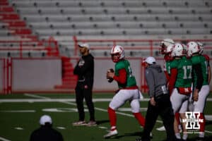 Nebraska Cornhusker quarterback Dylan Raiola (15) drops back to pass during practice Tuesday, April 8, 2025 in Lincoln, Nebraska. Photo by John S. Peterson.