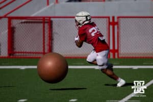 Nebraska Cornhusker Kenneth Williams (25) runs with the ball during practice Tuesday, April 8, 2025 in Lincoln, Nebraska. Photo by John S. Peterson.