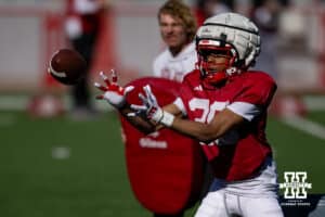 Nebraska Cornhusker Rowdy Bauer makes a catch during practice Tuesday, April 8, 2025 in Lincoln, Nebraska. Photo by John S. Peterson.