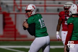 Nebraska Cornhusker quarterback Marcos Davila drops back to pass during practice Tuesday, April 8, 2025 in Lincoln, Nebraska. Photo by John S. Peterson.