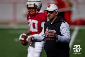 ebraska Cornhusker coach Marcus Satterfield working with the tight eneds during practice Tuesday, April 8, 2025 in Lincoln, Nebraska. Photo by John S. Peterson.
