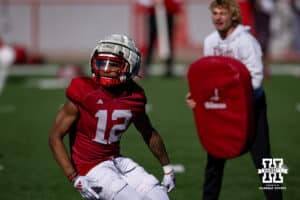Nebraska Cornhusker Jaidyn Doss (12) goes out for a pass during practice Tuesday, April 8, 2025 in Lincoln, Nebraska. Photo by John S. Peterson.