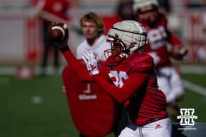 Nebraska Cornhusker Cortez Mills makes a catch during practice Tuesday, April 8, 2025 in Lincoln, Nebraska. Photo by John S. Peterson.
