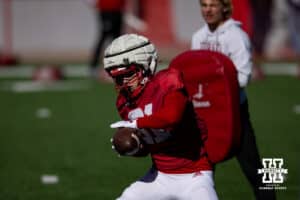 Nebraska Cornhusker Hayes Miller (81) makes a catch during practice Tuesday, April 8, 2025 in Lincoln, Nebraska. Photo by John S. Peterson.
