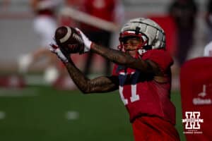 Nebraska Cornhusker Demitrius Bell (11) makes a catch during practice Tuesday, April 8, 2025 in Lincoln, Nebraska. Photo by John S. Peterson.