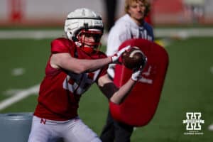 Nebraska Cornhusker Jackson Carpenter (88) makes a catch during practice Tuesday, April 8, 2025 in Lincoln, Nebraska. Photo by John S. Peterson.