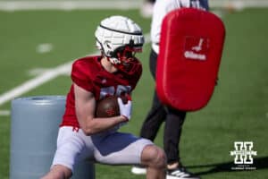Nebraska Cornhusker jackson Carpenter (88) makes a catch during practice Tuesday, April 8, 2025 in Lincoln, Nebraska. Photo by John S. Peterson.