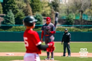 Nebraska Cornhusker infielder Dylan Carey (15) gets ready to throw a pitch against Nebraska Cornhusker infielder Dylan Carey (15) during a college baseball game Sunday, April 6, 2025 in Lincoln, Nebraska. Photo by Jansen Coburn.