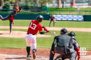Nebraska Cornhusker Will Jesske (13) takes a swing at the ball against the Rutgers Scarlet Knights during a college baseball game Sunday, April 6, 2025 in Lincoln, Nebraska. Photo by Jansen Coburn.