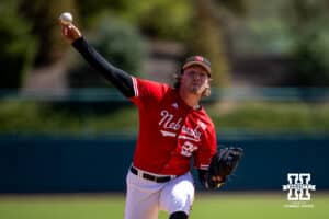 Nebraska Cornhusker pitcher Drew Christo (25) throws a pitch against the Rutgers Scarlet Knights in the seventh inning during a college baseball game Sunday, April 6, 2025 in Lincoln, Nebraska. Photo by John S. Peterson.
