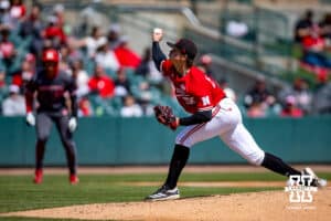 Nebraska Cornhusker pitcher Gavin Blachowicz (50) throws a pitch in the fifth inning against the Rutgers Scarlet Knights during a college baseball game Sunday, April 6, 2025 in Lincoln, Nebraska. Photo by John S. Peterson.