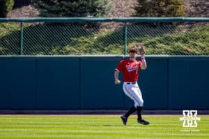 Nebraska Cornhusker outfielder Riley Silva (1) makes a catch for an out against the Rutgers Scarlet Knights in the second inning during a college baseball game Sunday, April 6, 2025 in Lincoln, Nebraska. Photo by John S. Peterson.