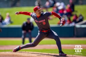 Nebraska Cornhusker infielder Rhett Stokes (9) throws a pitch against the Nebraska Cornhuskers in the first inning during a college baseball game Sunday, April 6, 2025 in Lincoln, Nebraska. Photo by John S. Peterson.