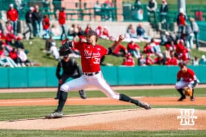 Nebraska Cornhusker pitcher Jackson Brockett (33) throws a pitch against the Rutgers Scarlet Knights during a college baseball game Sunday, April 6, 2025 in Lincoln, Nebraska. Photo by Jansen Coburn.