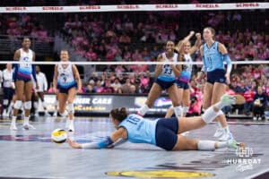 Omaha Supernovas celebrate match point against the Orlando Valkyries in the fourth set during a professional volleyball match Saturday, April 5, 2025 in Omaha, Nebraska. Photo by John S. Peterson.