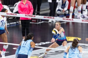 Omaha Supernovas Ally Batenhorst (14) digs the ball against the Orlando Valkyries during a professional volleyball match Saturday, April 5, 2025 in Omaha, Nebraska. Photo by John S. Peterson.