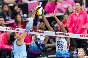 Omaha Supernovas Kaitlyn Hord (23) and Kelsie Payne (11) jump to block a spike from Orlando Valkyrie Kazmiere Bronw (11) during a professional volleyball match Saturday, April 5, 2025 in Omaha, Nebraska. Photo by John S. Peterson.