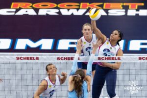 Omaha Supernovas Kayla Caffey (28) spikes the ball against Orlando Valkyrie Natalie Foster (13) during a professional volleyball match Saturday, April 5, 2025 in Omaha, Nebraska. Photo by John S. Peterson.