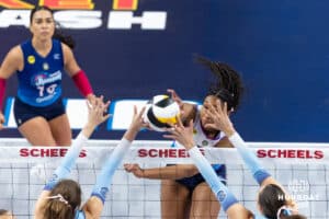 Omaha Supernovas Kaitlyn Hord (23) spikes the ball against the Orlando Valkyries during a professional volleyball match Saturday, April 5, 2025 in Omaha, Nebraska. Photo by John S. Peterson.
