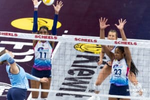 Omaha Supernovas Kaitlyn Hord (23) jumps to block a shoto fom Orlando Valkyrie Norah Sis (22) during a professional volleyball match Saturday, April 5, 2025 in Omaha, Nebraska. Photo by John S. Peterson.
