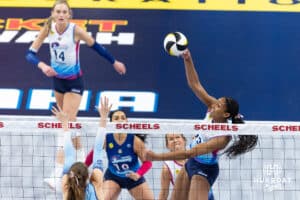Omaha Supernovas Kaitlyn Hord (23) spikes the ball against the Orlando Valkyries during a professional volleyball match Saturday, April 5, 2025 in Omaha, Nebraska. Photo by John S. Peterson.