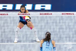 Omaha Supernovas Camila Gomez (10) digs the ball against the Orlando Valkyries during a professional volleyball match Saturday, April 5, 2025 in Omaha, Nebraska. Photo by John S. Peterson.