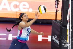 Omaha Supernovas Kayla Caffey (28) hits the ball over the net against the Orlando Valkyries during a professional volleyball match Saturday, April 5, 2025 in Omaha, Nebraska. Photo by John S. Peterson.