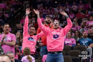 Omaha Supernovas fans dancing in their seats at the break against the Orlando Valkyries during a professional volleyball match Saturday, April 5, 2025 in Omaha, Nebraska. Photo by John S. Peterson.