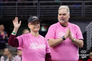 Omaha Supernovas season ticket holders Kathy and Michael Grant, Kathy is currently going through chemotheraphy and was recognized at a break in the action on Pink Out Night during a professional volleyball match against the Orlando Valkyries Saturday, April 5, 2025 in Omaha, Nebraska. Photo by John S. Peterson.