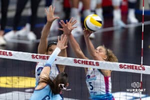 Omaha Supernovas Brooke Nuneviller (5) blocks a shot from Orlando Valkyrie Brittany Abercrombie (6) during a professional volleyball match Saturday, April 5, 2025 in Omaha, Nebraska. Photo by John S. Peterson.