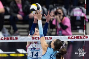 Omaha Supernovas Ally Batenhorst (14) goes to block Orlando Valkyrie Brittany Abercrombie (6) in the second set during a professional volleyball match Saturday, April 5, 2025 in Omaha, Nebraska. Photo by John S. Peterson.