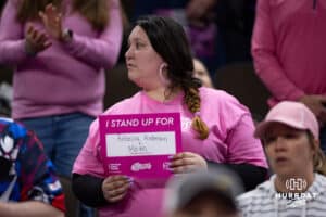 Omaha Supernovas fans holding up signs saying who the stand up for in the fight against cancer at the break after the first set during a professional volleyball match against the Orlando Valkyries Saturday, April 5, 2025 in Omaha, Nebraska. Photo by John S. Peterson.