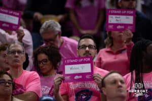 Omaha Supernovas fans holding up signs saying who the stand up for in the fight against cancer at the break after the first set during a professional volleyball match against the Orlando Valkyries Saturday, April 5, 2025 in Omaha, Nebraska. Photo by John S. Peterson.