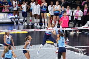 Omaha Supernovas Kayla Caffey (28) spikes the ball against the Orlando Valkyries during a professional volleyball match Saturday, April 5, 2025 in Omaha, Nebraska. Photo by John S. Peterson.