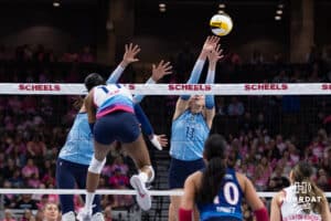 Omaha Supernovas Kelsie Payne (11) spikes the ball against the Orlando Valkyries during a professional volleyball match Saturday, April 5, 2025 in Omaha, Nebraska. Photo by John S. Peterson.