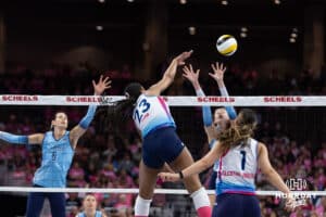Omaha Supernovas Kaitlyn Hord (23) spikes the ball against the Orlando Valkyries in the first set during a professional volleyball match Saturday, April 5, 2025 in Omaha, Nebraska. Photo by John S. Peterson.