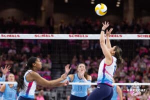 Omaha Supernovas Natalia Valentin-Anderson (1) sets the ball for Kaitlyn Hord (23) in the first set against the Orlando Valkyries during a professional volleyball match Saturday, April 5, 2025 in Omaha, Nebraska. Photo by John S. Peterson.