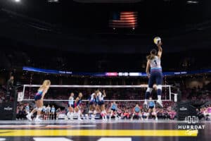 Omaha Supernovas Natalia Valentin-Anderson (1) serves the ball against the Orlando Valkyries during a professional volleyball match Saturday, April 5, 2025 in Omaha, Nebraska. Photo by John S. Peterson.