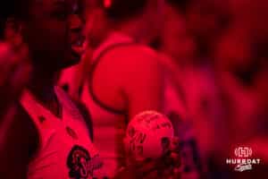 Omaha Supernovas Toyosi Onabanjo (21) has written messages on the mini vollyeball that she will throw out to the fans during a professional volleyball match Saturday, April 5, 2025 in Omaha, Nebraska. Photo by John S. Peterson.