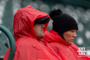 Nebraska Cornhusker fans watching the game in the rain against the Oregon State Beavers during a college baseball game Saturday, March 29, 2025 in Lincoln, Nebraska. Photo by John S. Peterson.