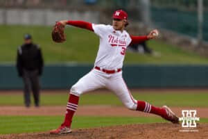 Nebraska Cornhusker pitcher Grant Cleavinger (36) throws a pitch against the Oregon State Beavers in the seventh inning during a college baseball game Saturday, March 29, 2025 in Lincoln, Nebraska. Photo by John S. Peterson.