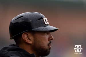 Oregon State Beavers helmet wet from the rain during a college baseball game against the Nebraska Cornhuskers Saturday, March 29, 2025 in Lincoln, Nebraska. Photo by John S. Peterson.
